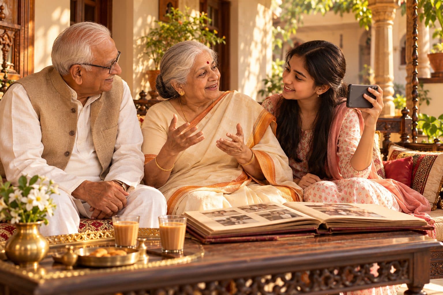 On a sunlit verandah, a grandmother with silver hair in a bun and a cream saree with a saffron border tells a story with both hands, smiling, while her granddaughter beside her records on a phone and her grandfather in a white kurta and waistcoat listens; an old photo album and two glasses of chai lie on the low table in front.