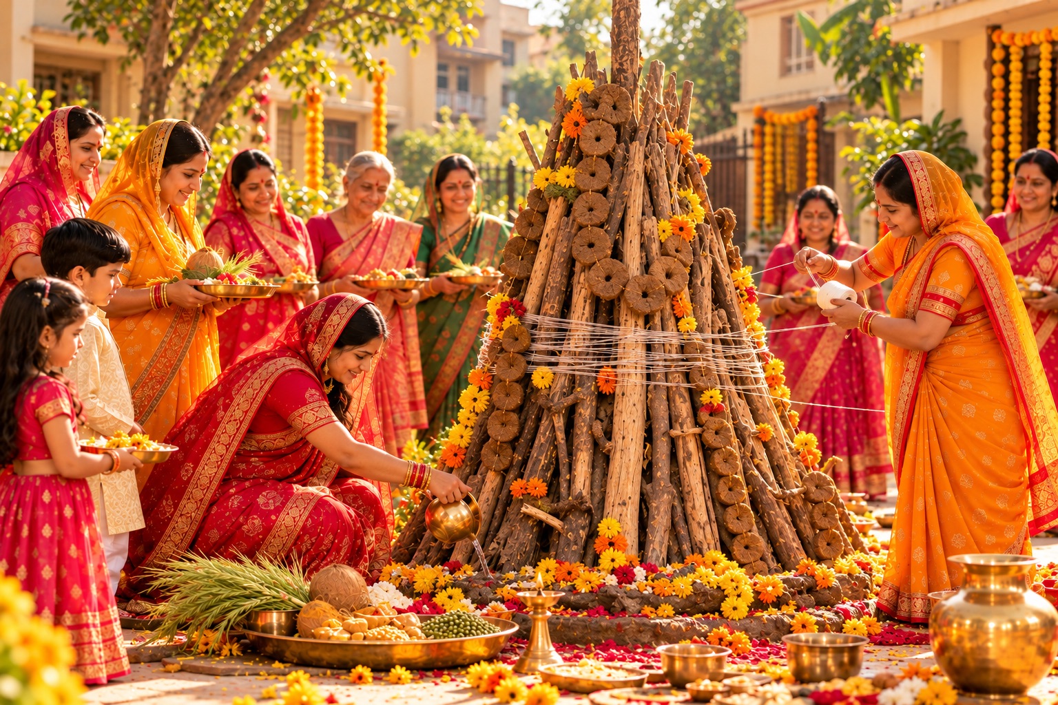 Women doing Holika puja in the daytime around the unlit Holika: garlands of round cow-dung cakes hang on the stacked sticks, raw cotton thread is wound round it, and water is poured from a brass lota.